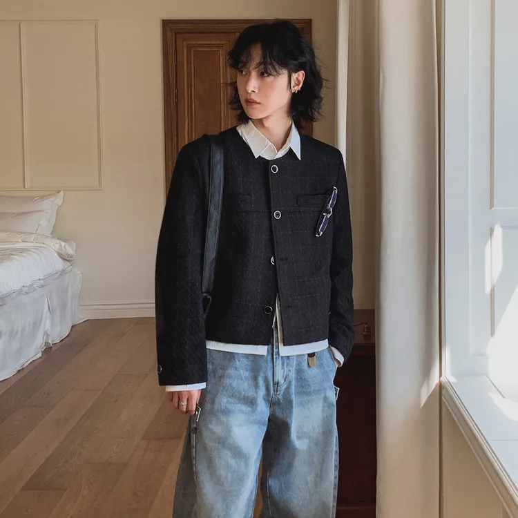 MRCYC小香风短款外套男士春秋季宽松圆领夹克韩系通勤风小众穿搭