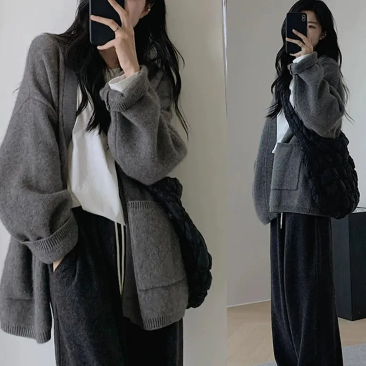 灰色羊毛衫女中长款毛衣外套秋冬宽松慵懒风羊绒毛衣针织开衫外穿