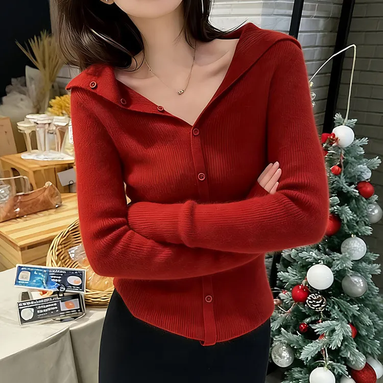 大码港风v领圣诞新年红色针织衫女冬季胖mm修身显瘦内搭外穿上衣