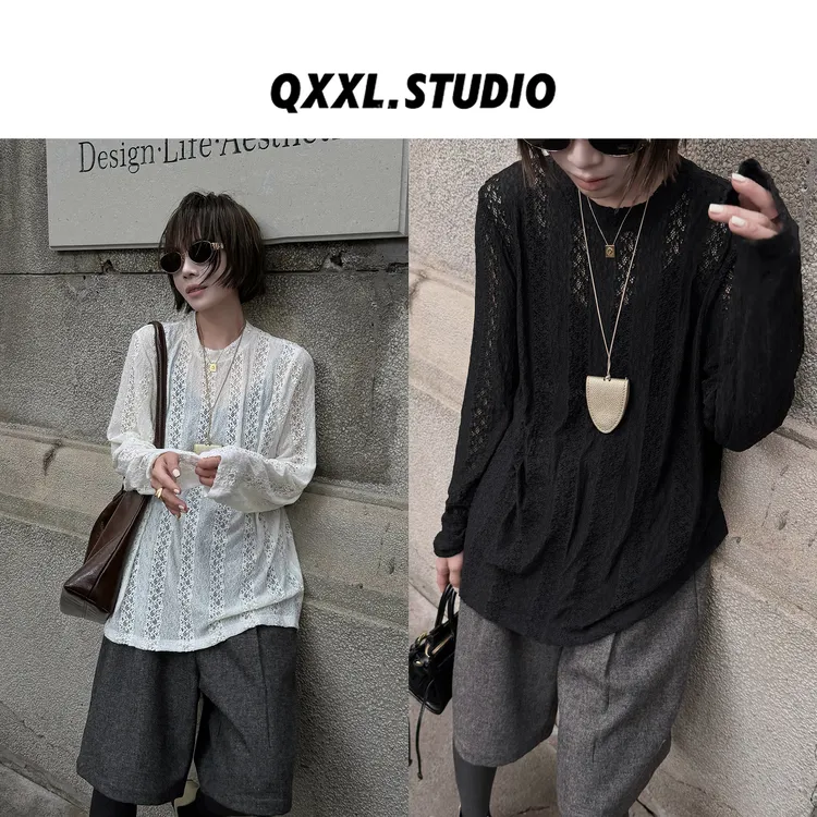 邱小小丽呀 冬季新款法式蕾丝打底T恤女圆领百搭显瘦内搭套头上衣