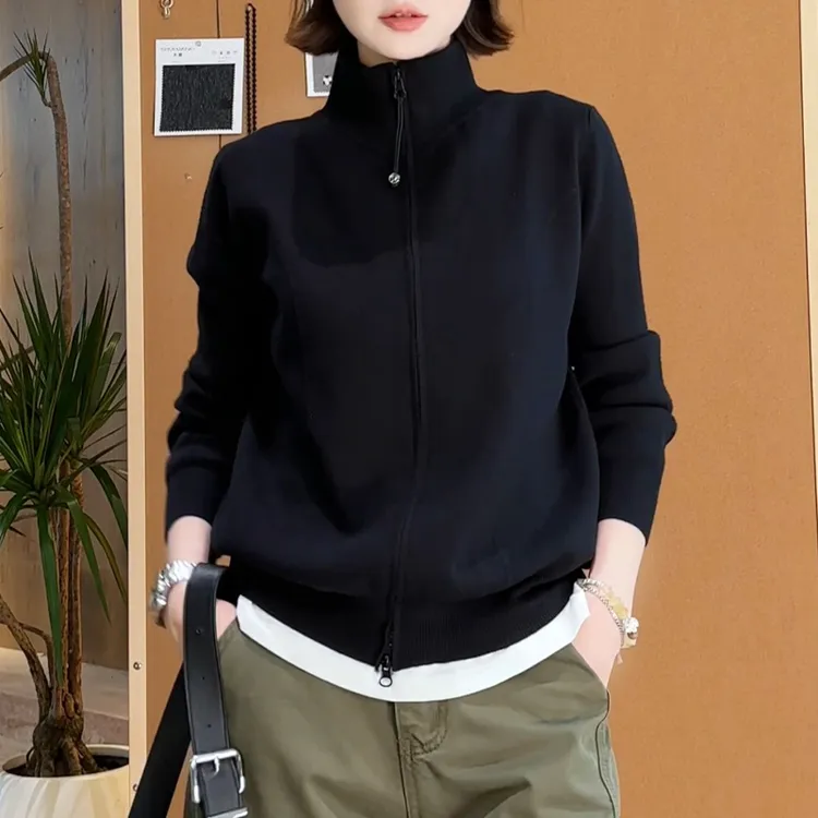 双拉链立领显瘦百搭慵懒风针织衫女2025秋季新款休闲洋气开衫上衣