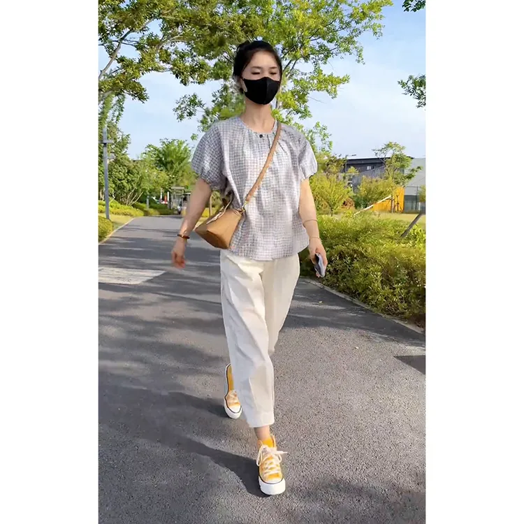 时尚小个子穿搭套装夏季显瘦宽松格子衬衫高腰九分休闲裤两件套