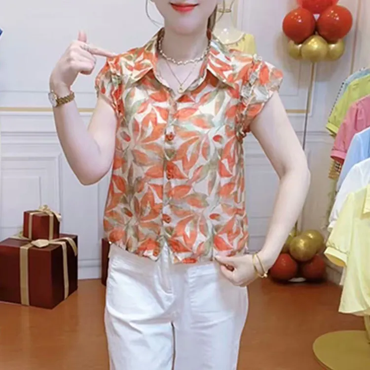 时尚洋气碎花翻领花边袖衬衫女夏季气质百搭遮肚显瘦减龄短袖上衣