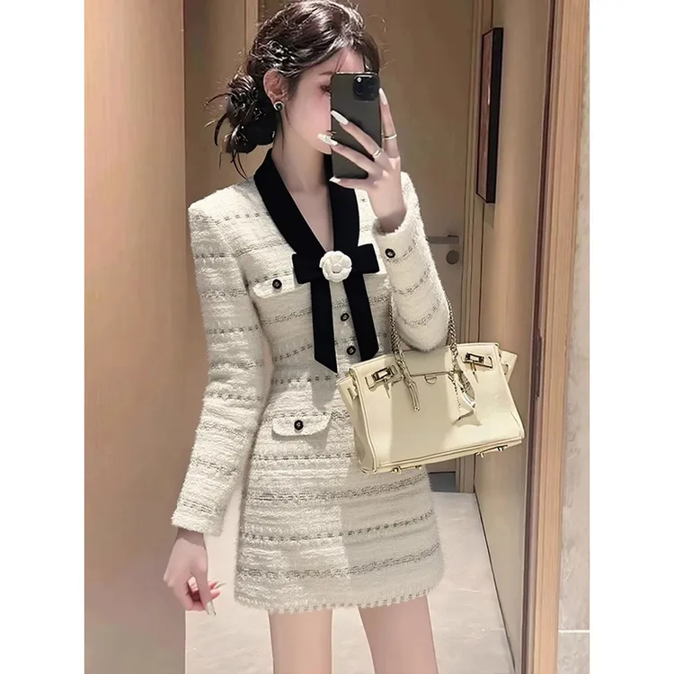 小香风气质名媛白色连衣裙女2025秋季新款高级感掐腰显瘦百搭裙子