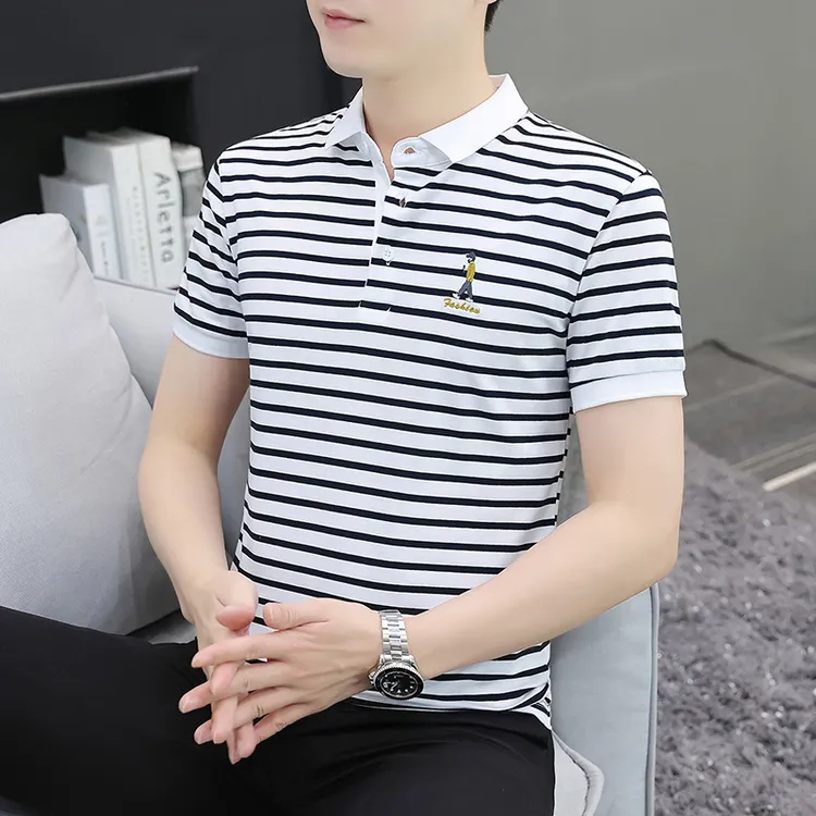 夏季翻领短袖t恤男装条纹Polo衫纯棉休闲上衣服时尚体恤男装潮流