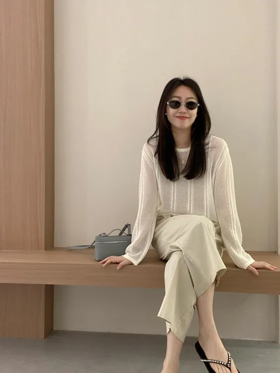 长袖纯色镂空常规款夏季防晒时尚小众女装显瘦上衣百搭通勤裤子