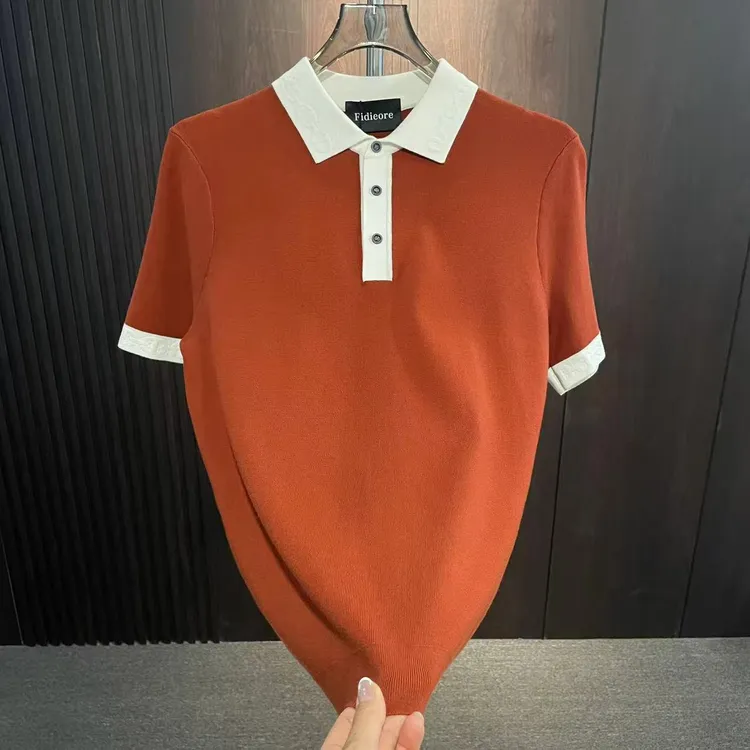 纯色秋季几何图案针织短袖Polo衫百搭修身