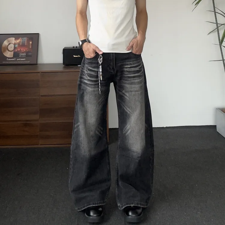 美式复古水洗猫须cleanfit牛仔裤男女痞帅宽松直筒弯刀裤子