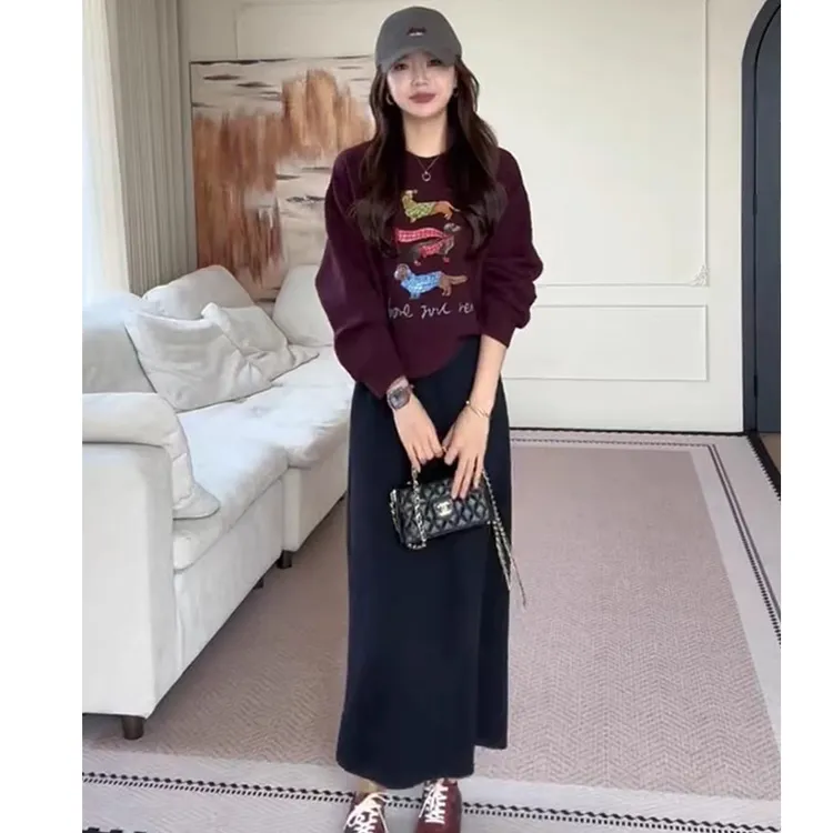 韩系巨好看的一整套秋装高级感紫色腊肠小狗精梳棉卫衣半身裙套装