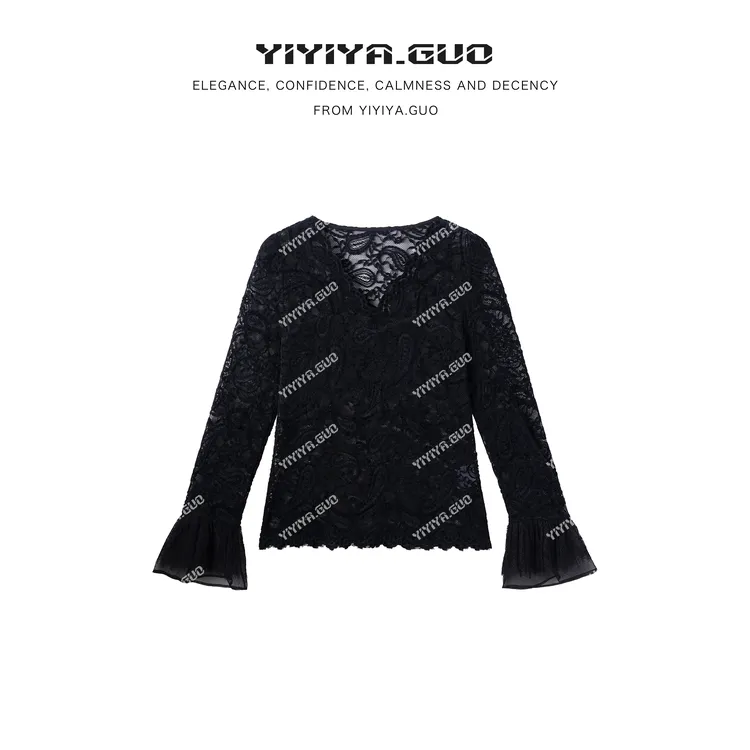 yiyiya.Guo艺艺吖【蕾丝腰果】早春新款V领刺绣长袖上衣120062SS52