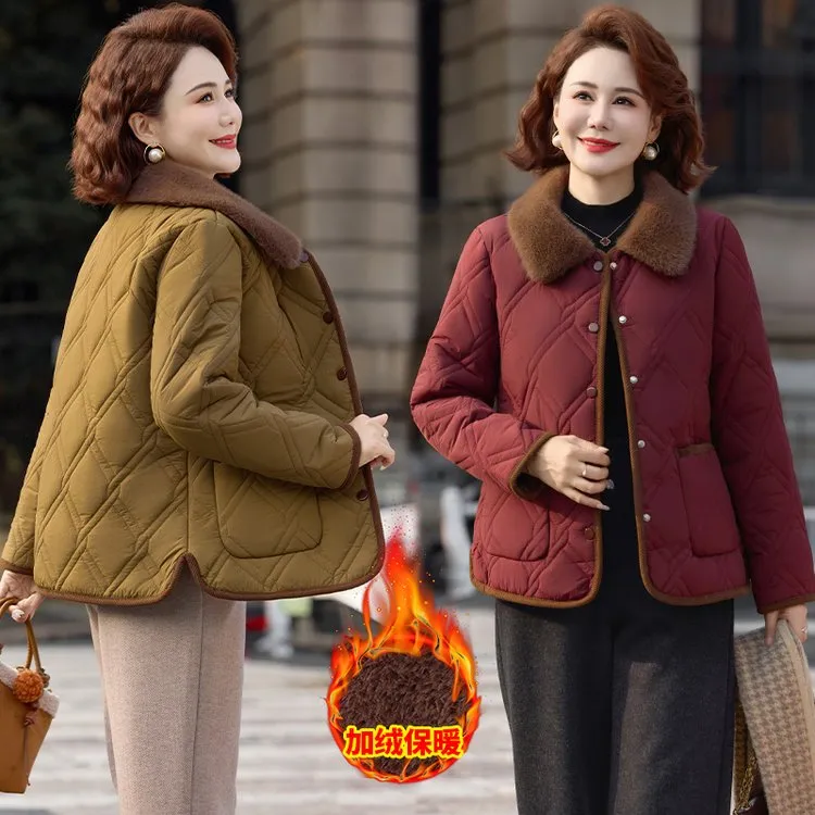 时尚妈妈冬装翻领加绒棉服外套中老年女装保暖洋气短款棉衣服棉袄