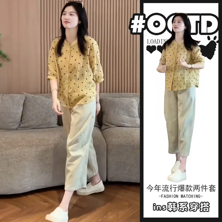 减龄遮肉套装韩版时尚百搭显瘦波点印花短袖衬衫高腰九分休闲裤子