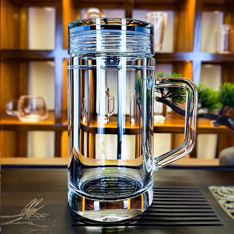 东海原石原矿水晶大容量带盖密封便携泡茶具带把手水杯