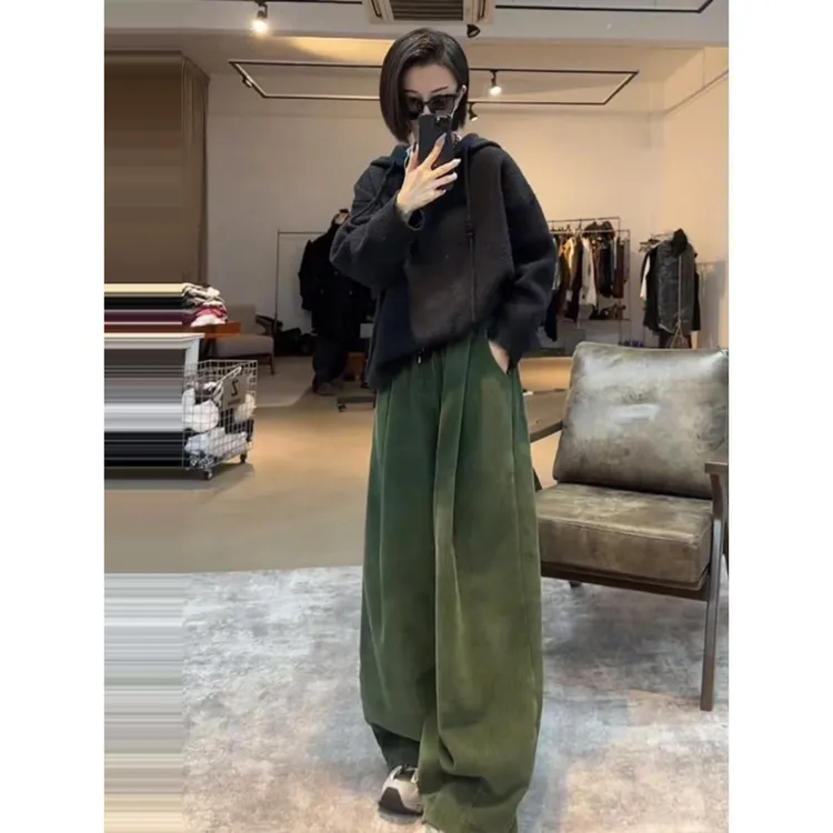 今年流行的爆款洋气休闲裤欧货秋冬设计感高腰加绒加厚灯芯绒长裤