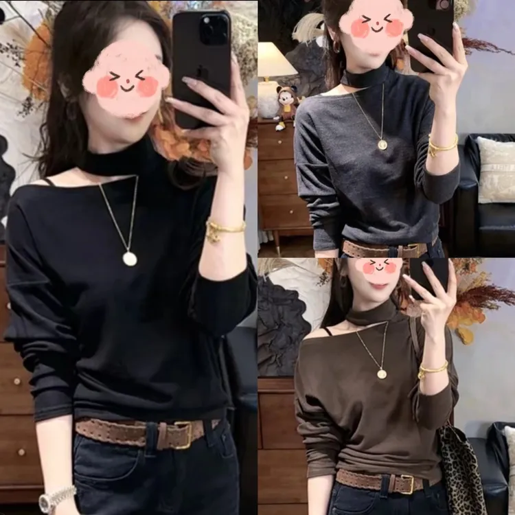 法式女士露肩挂脖长袖打底衫t恤女2025秋冬新款洋气百搭显瘦上衣