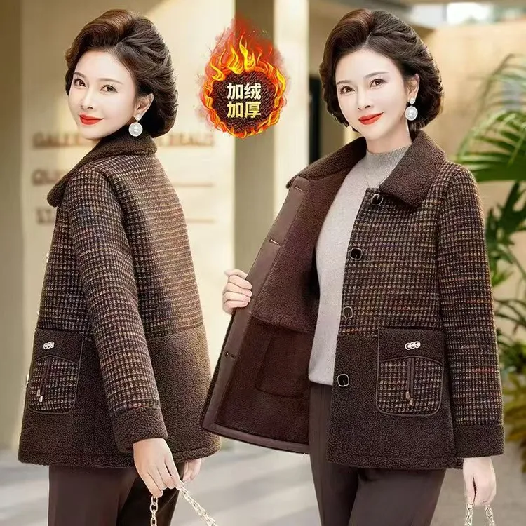 妈妈装时尚外套中老年装加绒加厚流苏外套圆领格子休闲气质外套