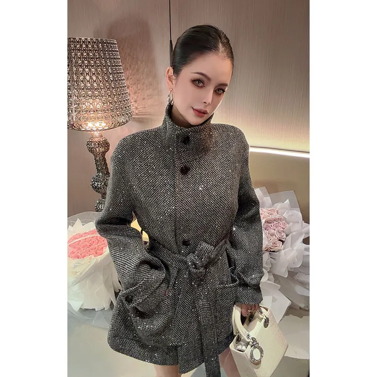 立领亮片拼接长袖外套WT31169