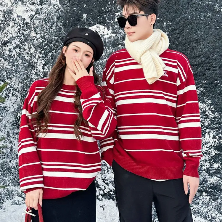 新年穿搭条纹情侣毛衣秋冬装内搭一男一女同款打底针织衫外套港风