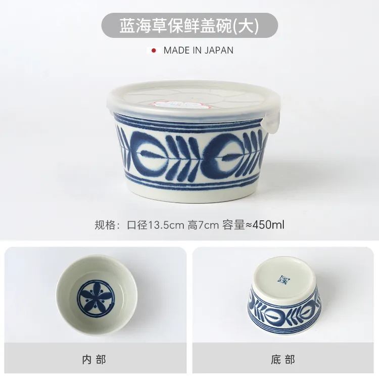 日本进口波佐见烧蓝海草锁鲜盒