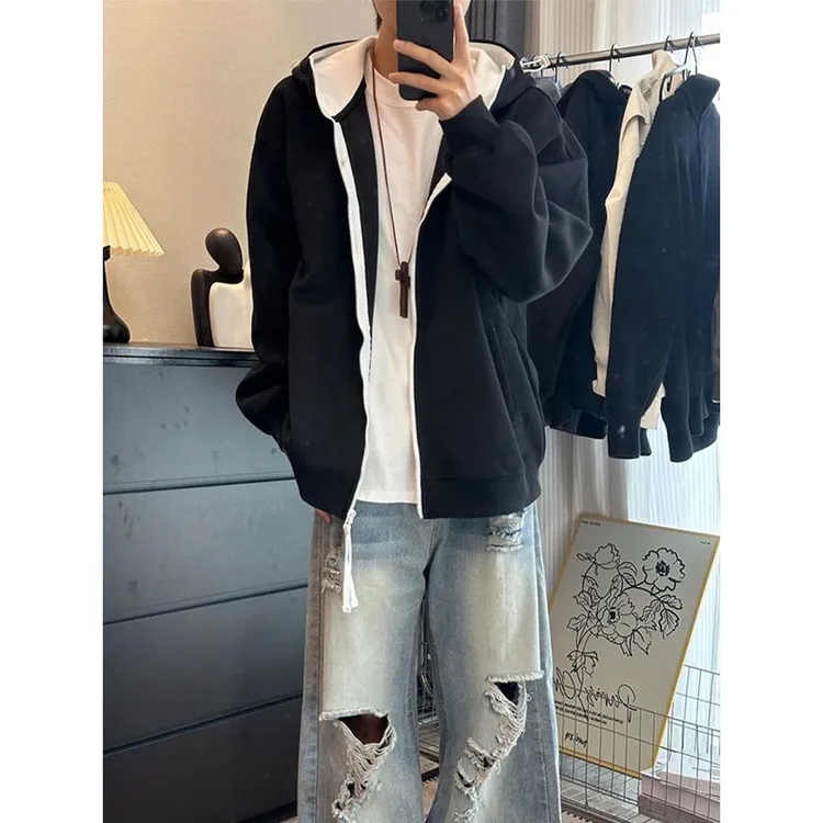 美式撞色连帽拼接卫衣男秋季高级感男士潮流百搭外套休闲宽松上衣
