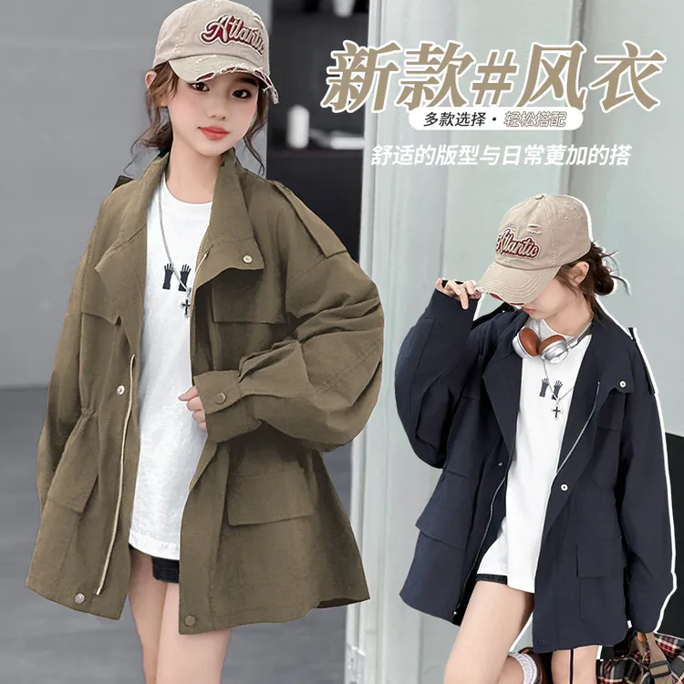 女童春秋立领风衣百搭秋季休闲外套翻领中大童宽松洋气韩版中长款