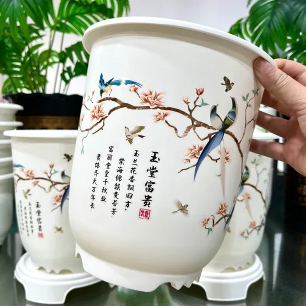 2个 3# 兰花盆 加厚白色玉堂富贵 送托盘【口经20cm高度21.5cm】