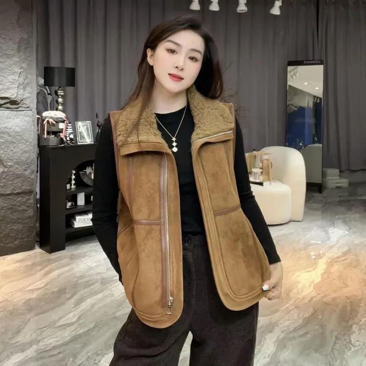 9086秋冬新款时尚鹿面拼接羊羔毛翻领加绒短款马甲