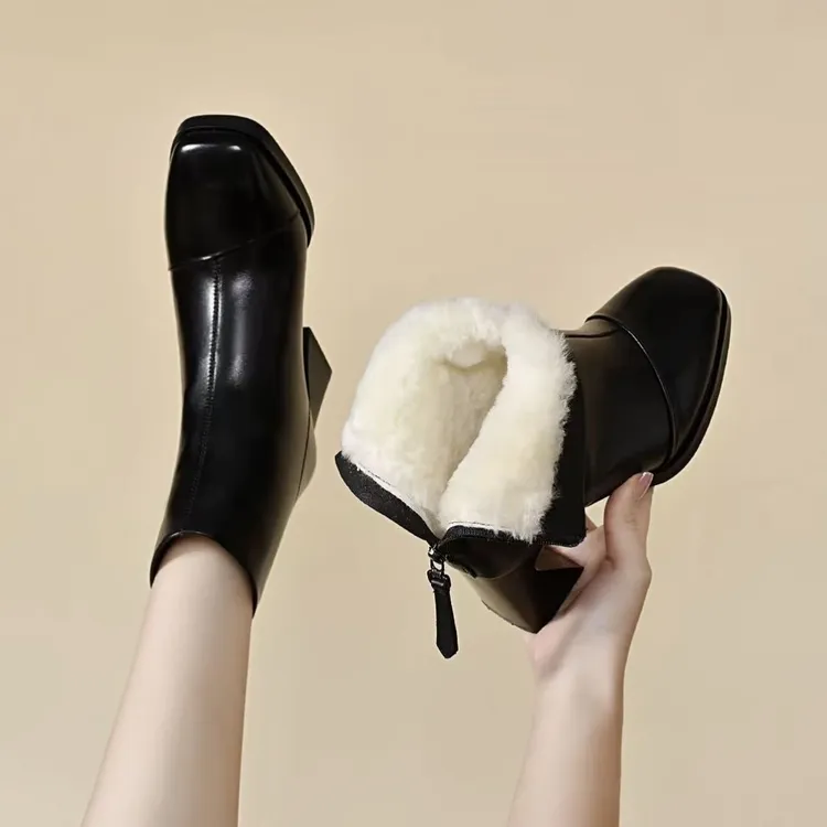 2025春秋新款单靴粗跟真皮秋冬高跟鞋加绒马丁靴软皮气质方头短靴