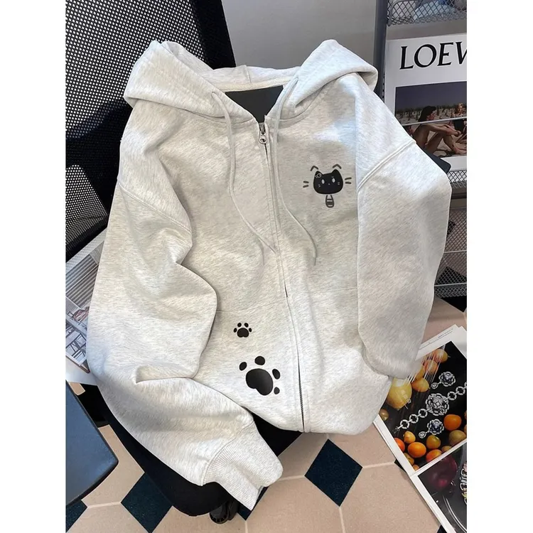 FOPJ秋冬新款复古猫爪印花连帽卫衣外套女休闲时尚百搭慵懒风上衣