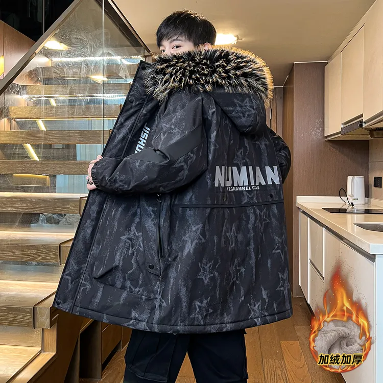 男士中长款外套冬季加绒加厚保暖连帽大毛领棉服休闲印花冬装上衣