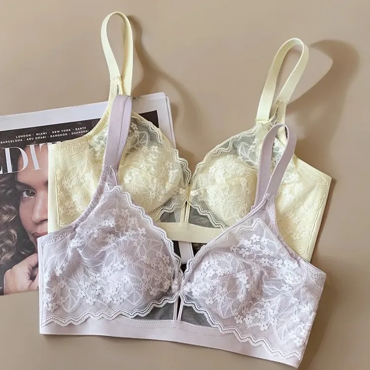 法式透气水晶杯大胸显小内衣女夏薄显瘦无钢圈收副乳兔耳朵杯文胸
