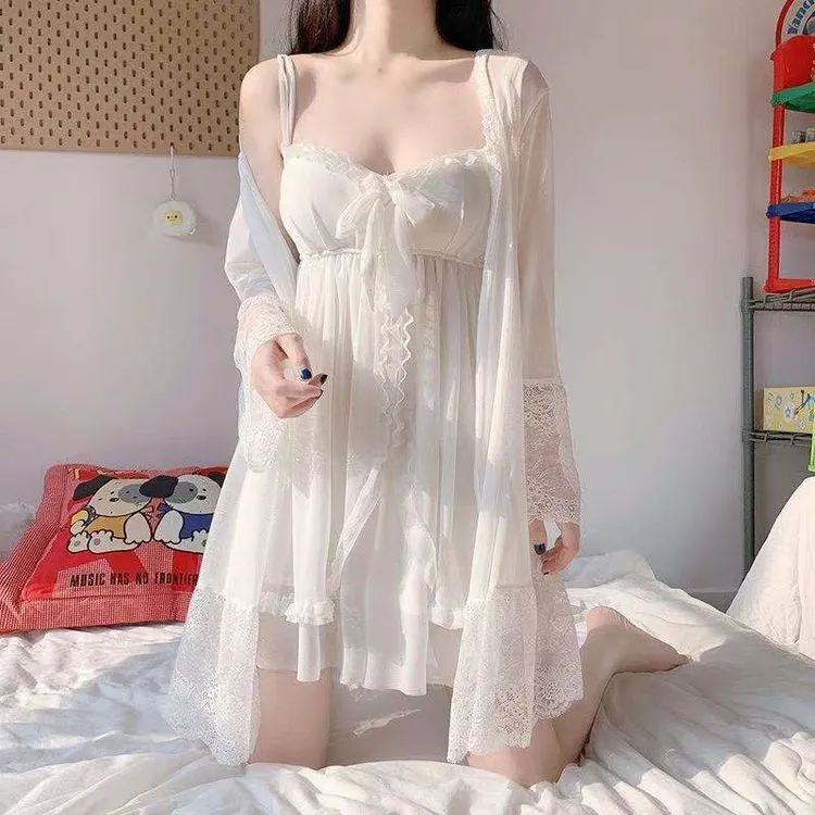 甜美宫廷风蕾丝睡衣女春秋宽松韩版夏季吊带睡裙家居服两件套白色