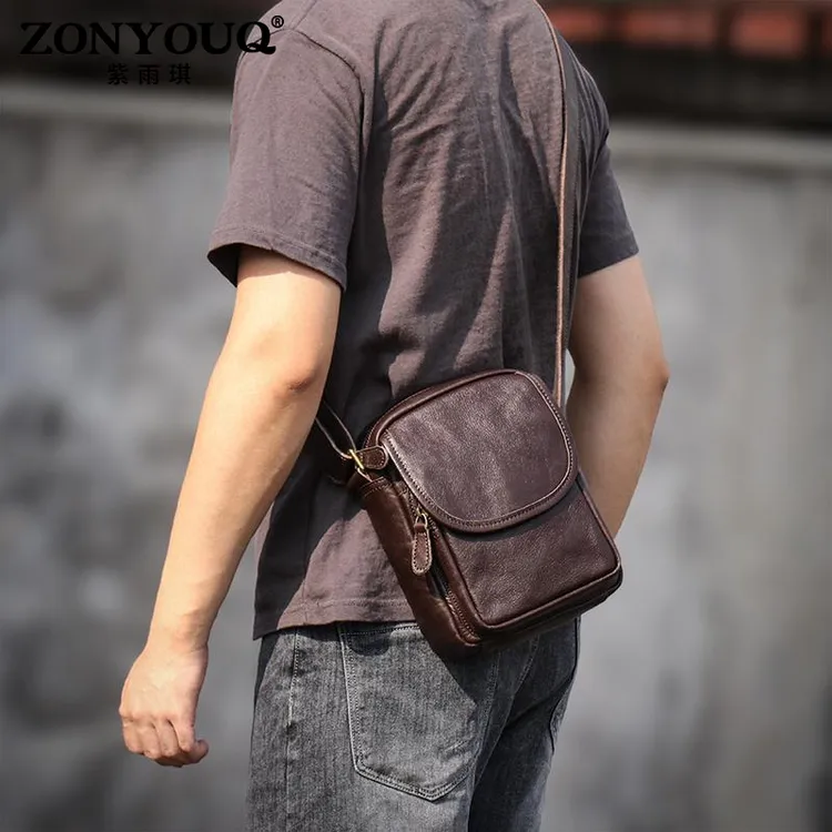 紫雨琪新款男士单肩包休闲斜挎包牛皮复古手机包百搭小众斜背包