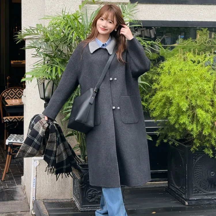 韩版时尚百搭小个子翻领撞色收腰长款羊毛大衣5517
