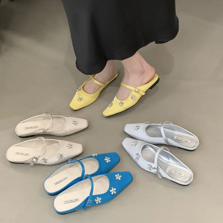 韩版方头一字带穆勒凉拖女外穿2025夏季新款仙女一脚蹬包头半拖鞋