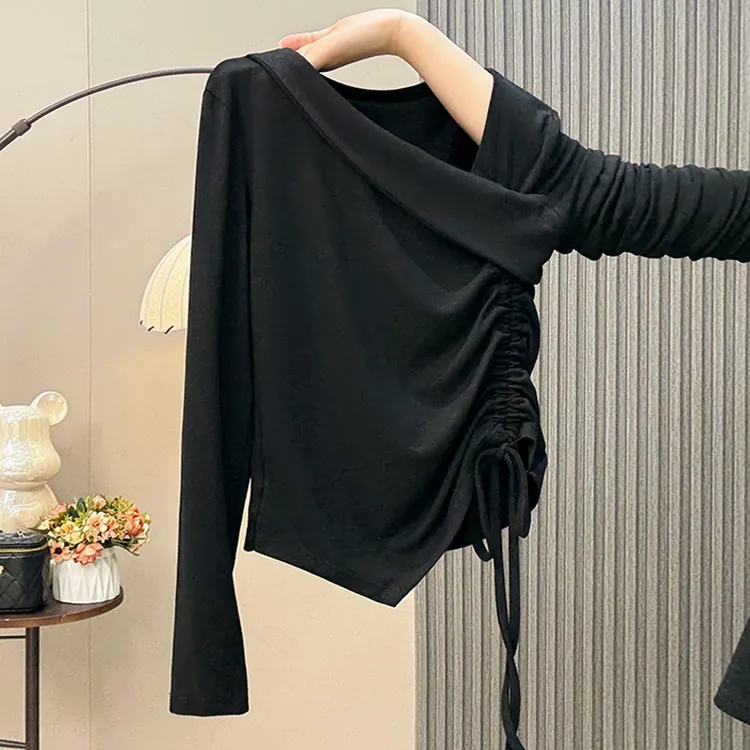 法式斜领长袖T恤女秋冬高级感不规则正肩短款打底衫洋气内搭上衣