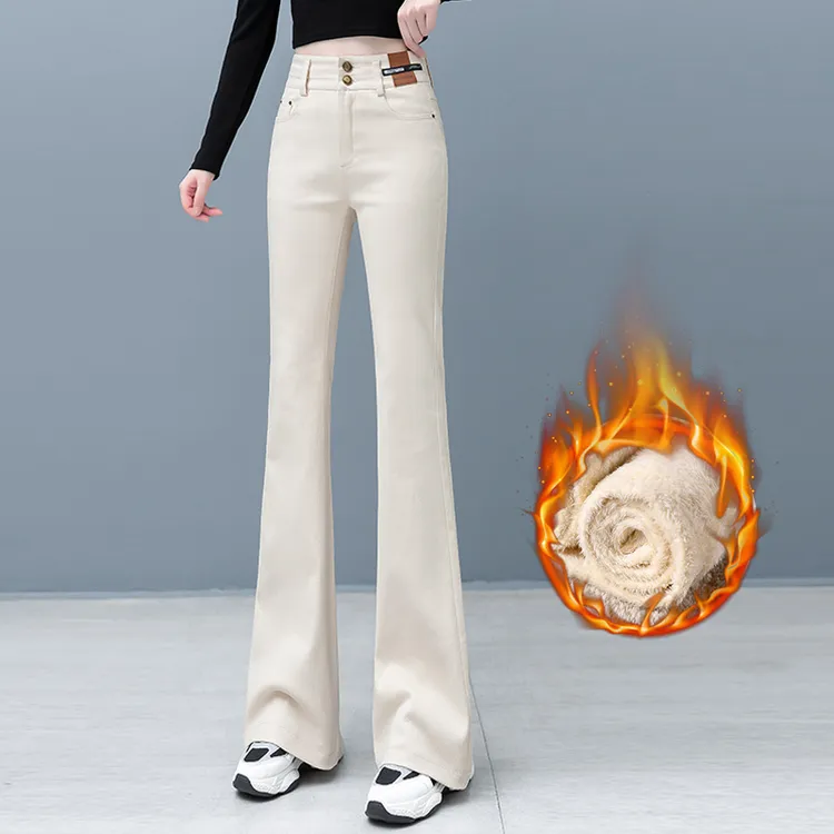 拉夏贝尔米白色微喇牛仔裤女2025年秋冬季新款高腰小个子喇叭裤子