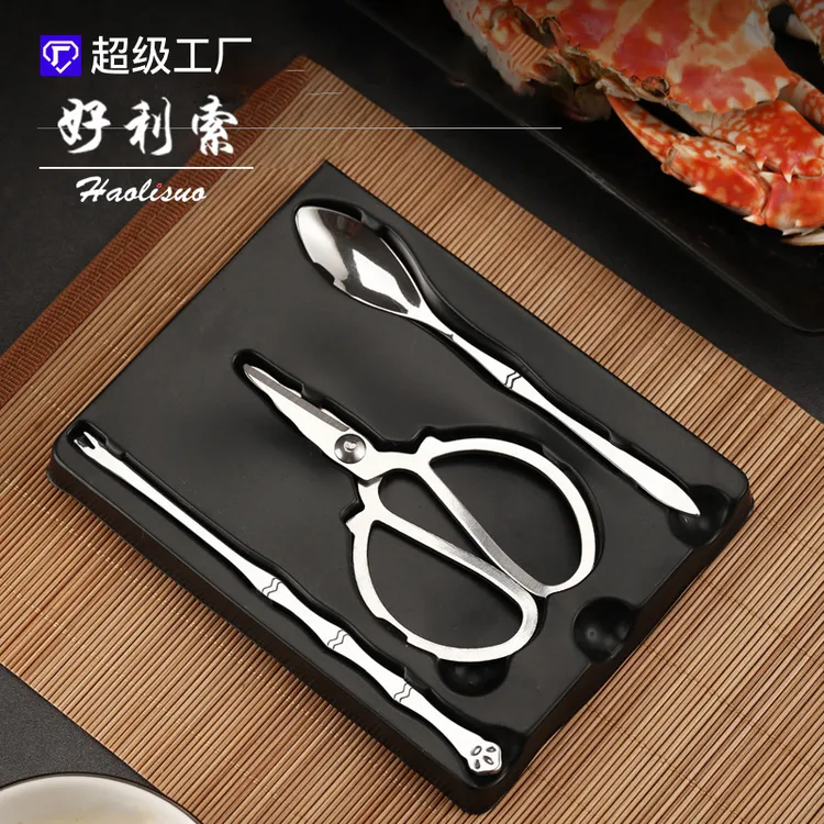 厂家供应 吃蟹工具三件套不锈钢剥蟹套纸盒装 银色品蟹工具