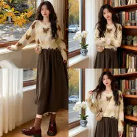 C2339M1100M1651#慵懒风蝴蝶印花针织毛衣半身裙女装秋冬三件套