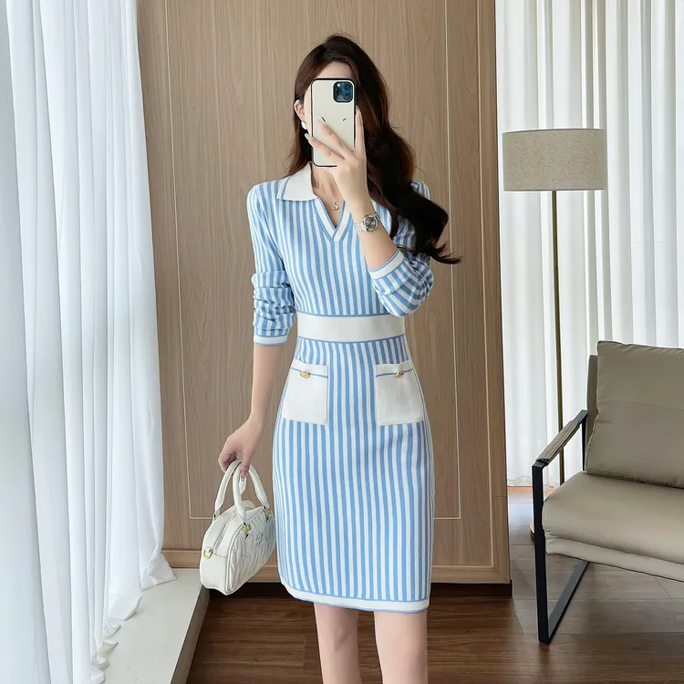 广州十三行女装中长款包臀毛衣裙女小香风秋长袖针织连衣裙高级感