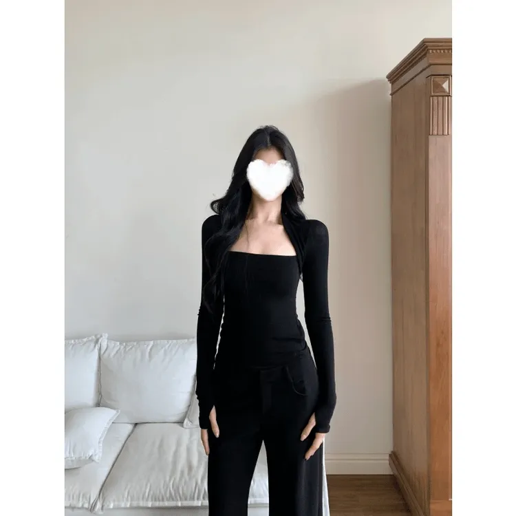 2025秋季新款设计感方领长袖T恤正肩辣妹修身显瘦百搭纯欲女上衣