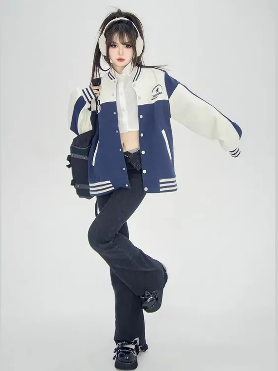【棒球服】半勺子糖字母女宽松型包袖外套美式时尚上衣外套运动