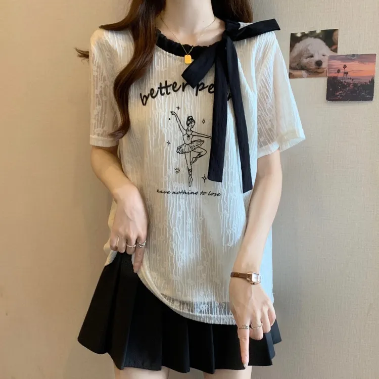 大码设计感蝴蝶结刺绣短袖T恤女夏季微胖MM宽松显瘦百搭洋气上衣