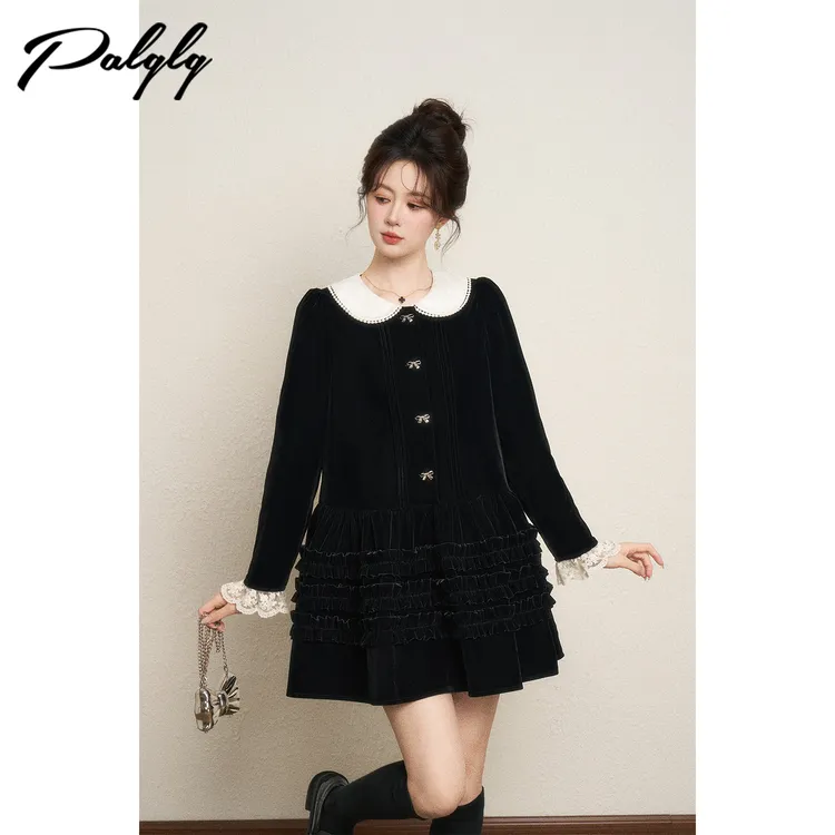 Palglg赫本风黑色丝绒连衣裙女秋冬气质甜美直筒娃娃裙54PDA44551