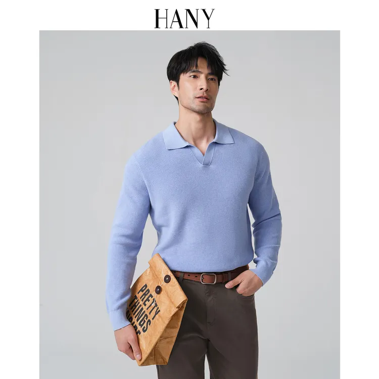HANY[意式海鸥领桑蚕丝棉]针织衫男2025新款休闲保暖天蓝色毛衣秋