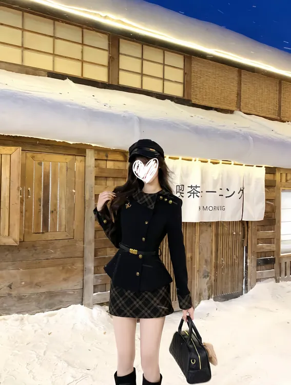  英伦骑士 秋冬法式名媛气质甜美可爱呢子外套格纹半裙千金风套装