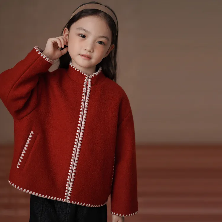 哈齿童装冬季儿童羊毛外套红色休闲宽松毛呢上衣男童女童过年棉服