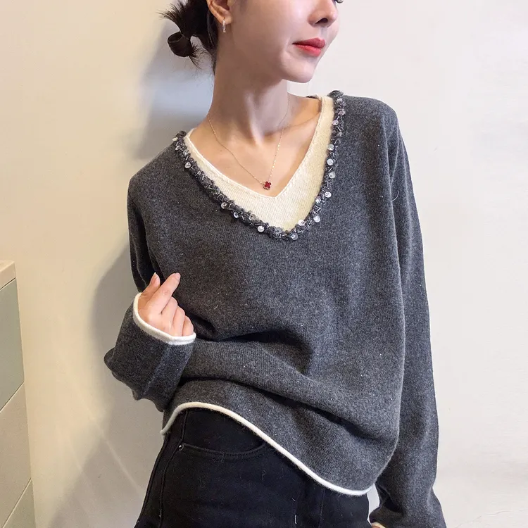 假两件亮片打底针织衫女大码胖妹妹宽松显瘦时尚减龄百搭毛衣遮肚