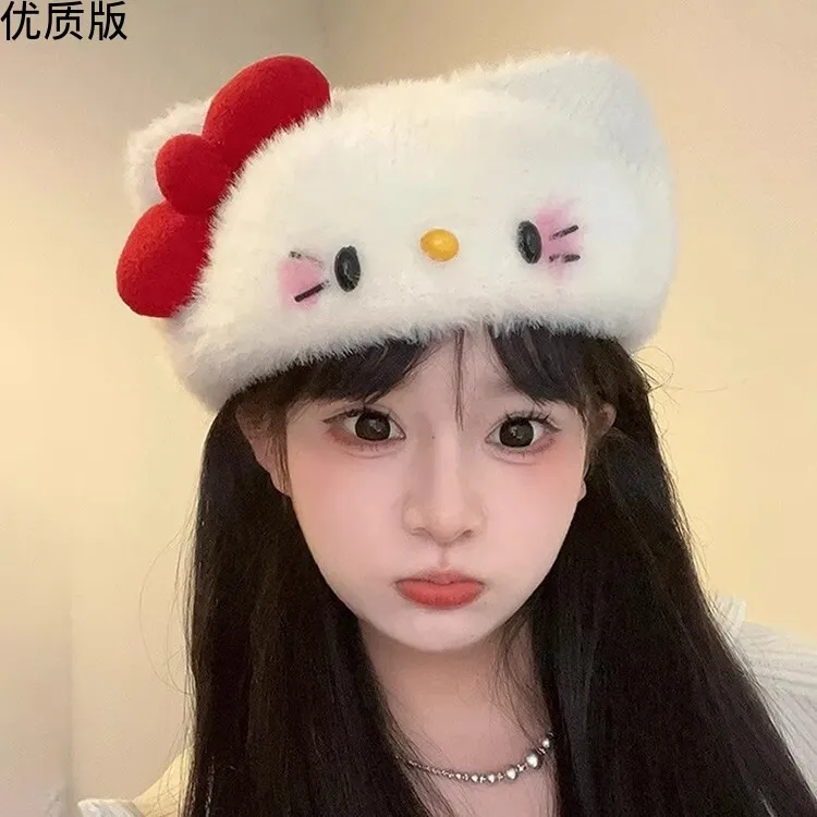 2025秋冬可爱贝雷帽女可爱小猫耳朵帽子手工针织毛茸茸保暖画家帽