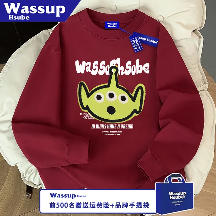 WASSUP HSUBE潮流长袖秋冬外星人字母痞帅百搭宽松印花情侣上衣